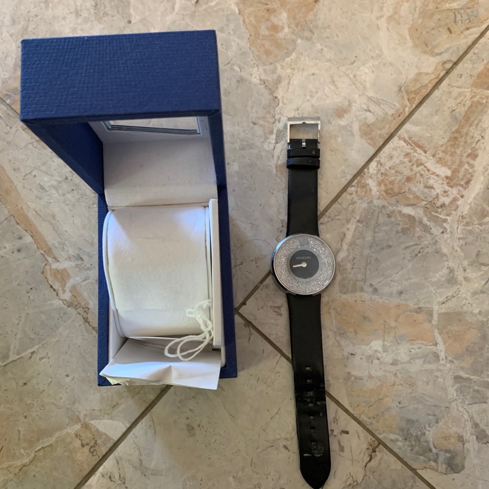 Swarovski Crystalline Silver/Grey Watch With Genuine Leather Black Band 5024453 - Picture 3 of 4
